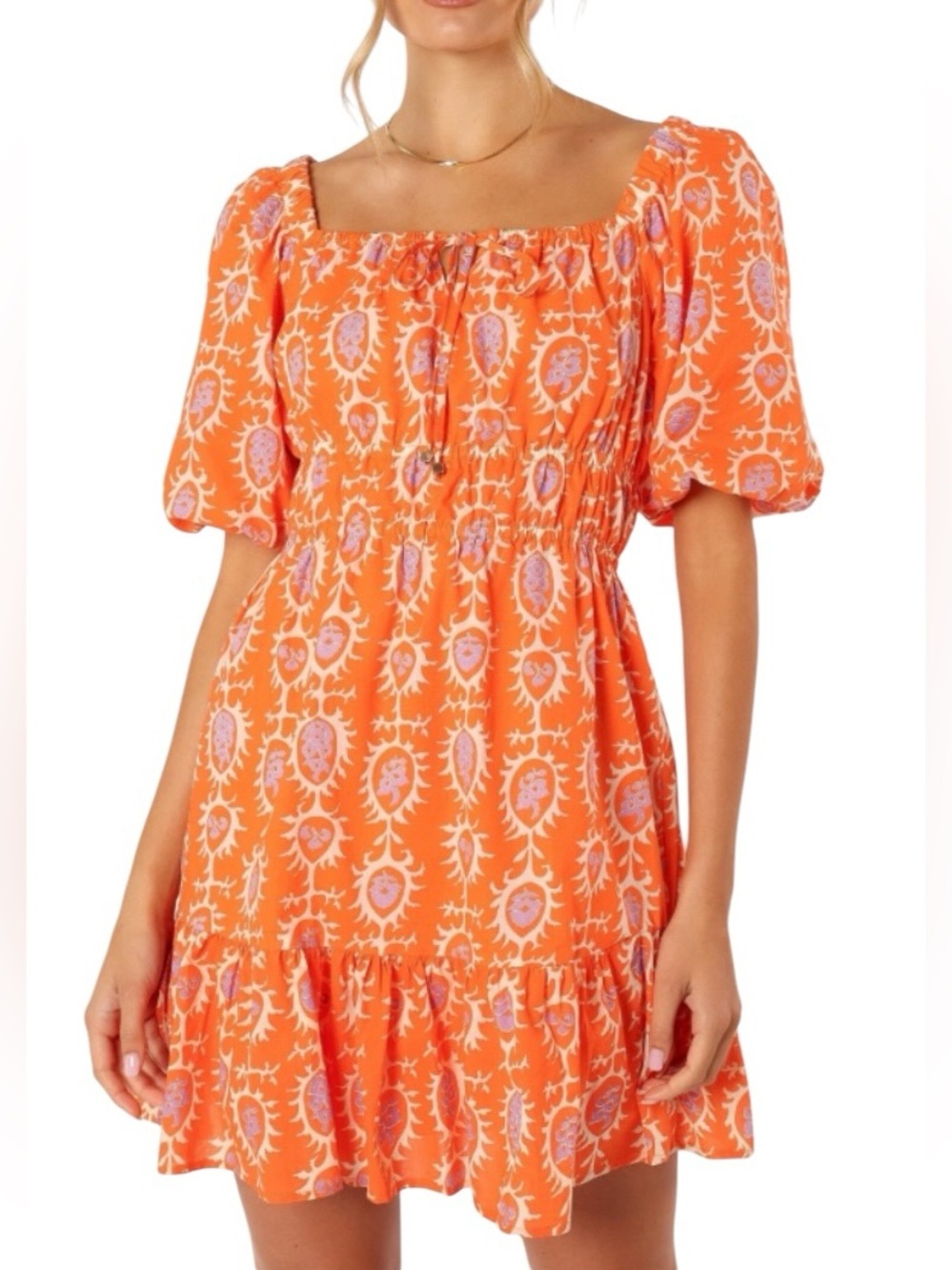 Petal & Pup Orange Printed Square-Neck Puff-Sleeve Carmen Mini Dress New size 8